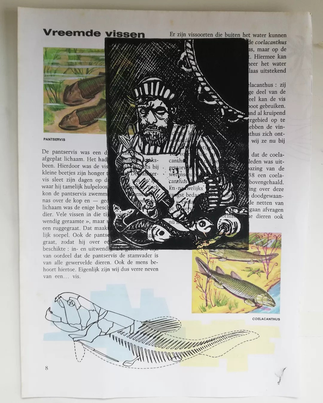 Linoprint Linodesign art kunst portrait visser op gerecycleerd papier enceclopedie